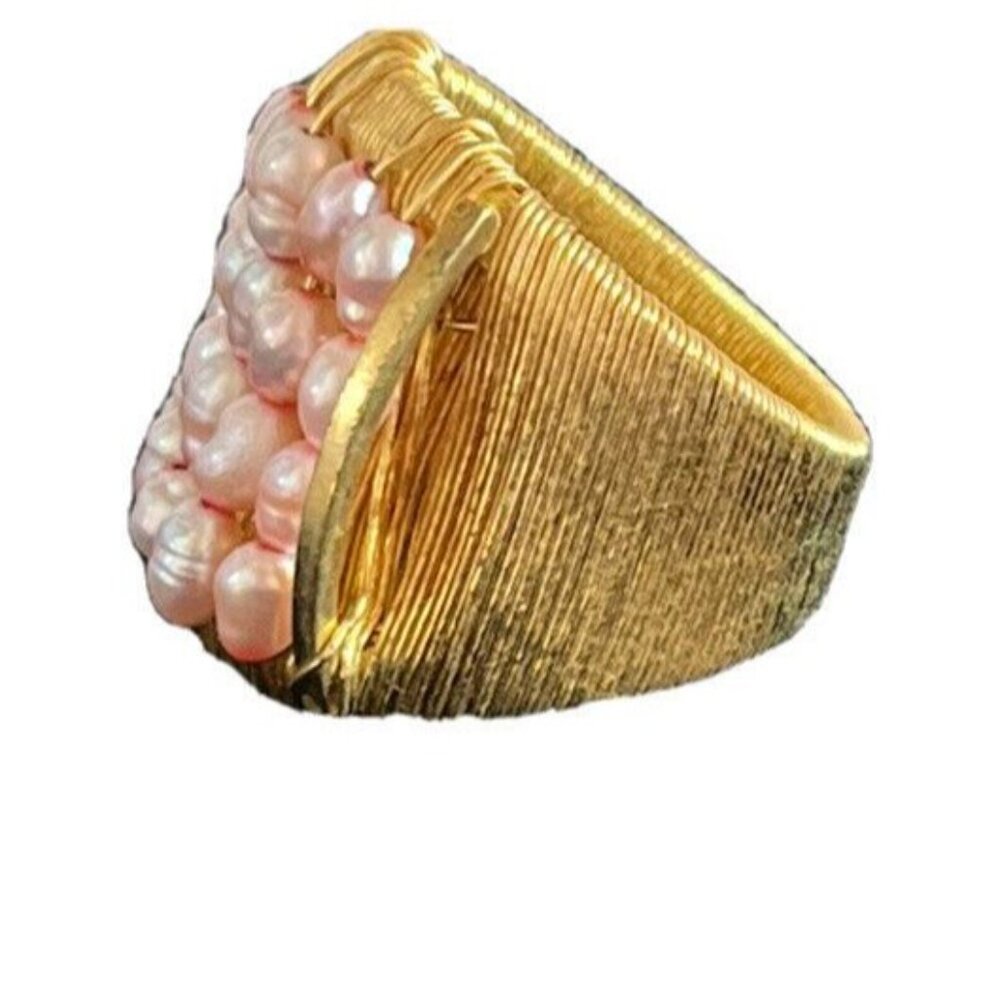 Artisan Gold Tone Wire Wrapped Wide Band Ring with Pink Freshwater Seed Pearls - Picture 5 of 10